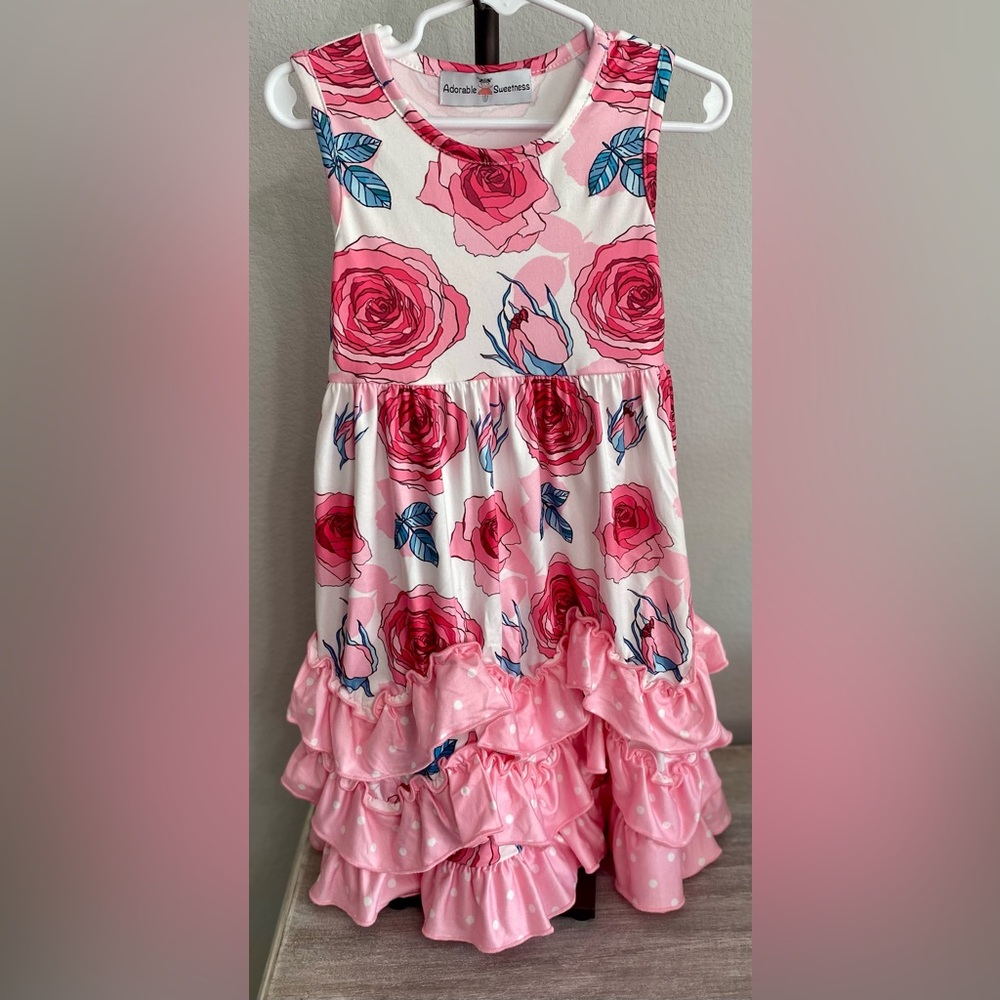 Adorable Sweetness Pink Floral Polka-Dot Toddler’s Midi Maxi Sleeveless Dress 2T